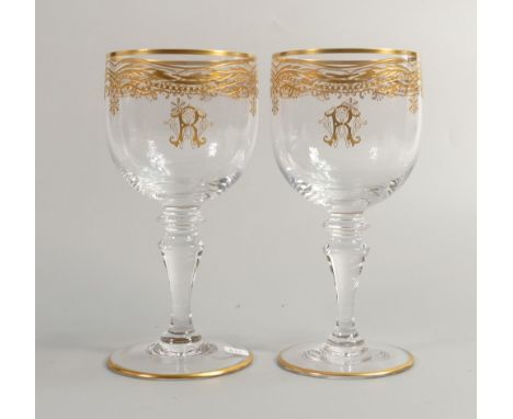 De Lamerie Fine Bone China Glass Crystal Patterned heavily gilded Wine Glasses with the letter R, Made in England, height 16c