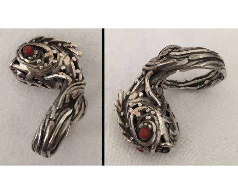 A white metal Piranha fish ring set with Carnelian eyes.  Size R. Approx. 16.1g