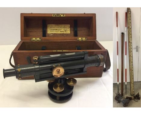  With vintage surveying equipment comprising, extending height measure, 2 poles, tripod, 2 chain link furlong measures and 2 