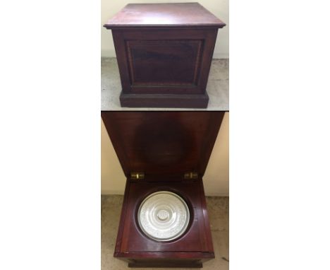 A antique wooden commode stool / box with inlaid detail to top and front. Contains lidded ceramic pot. Approx. 46cm³.