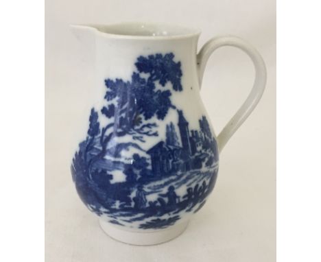 An 18th century Worcester blue & white porcelain sparrow beak jug "European Scene". Circa 1780. Approx. 9cm tall.