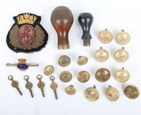 Merchant Navy Badges: Officers wire and metal cap badge, enamel sweet heart badge, gilt brass buttons, pocket watch keys  and