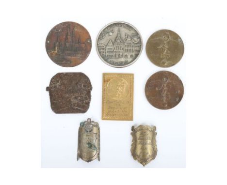 1930’s German Sports Plaque, in gilt meta with relief of roman scene and engraved presentation; 2x German / Austrian bronze m