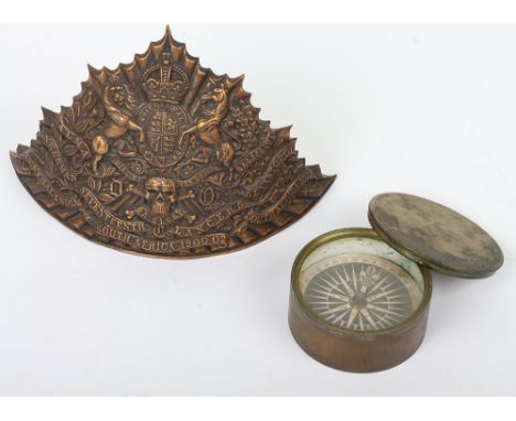 Lancers Helmet Plate and Compass: Re-strike Lancers helmet badge with screw fixings to back and compass housed in brass case.
