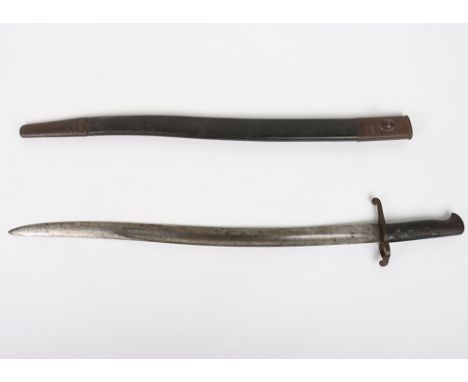 British 1856 Yataghan  Sword Bayonet: Clean blade with armour stamps ,hosed in original leather and steel scabbard, some surf