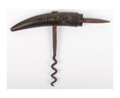 Boer War Interest South African Horn Corkscrew, carved to the horn handle ‘7965 G Co R.C.R 1899’ to the edge is carved ‘597 2