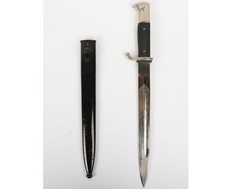 WW2 German K98 Parade Bayonet with Etched Blade, standard K98 dress bayonet with plated mounts, chequered grips and housed in