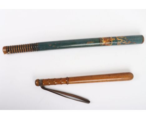 Police / Constabulary Truncheons: Brown wood truncheon with leather and  Victorian style painted long truncheon. 2 items 