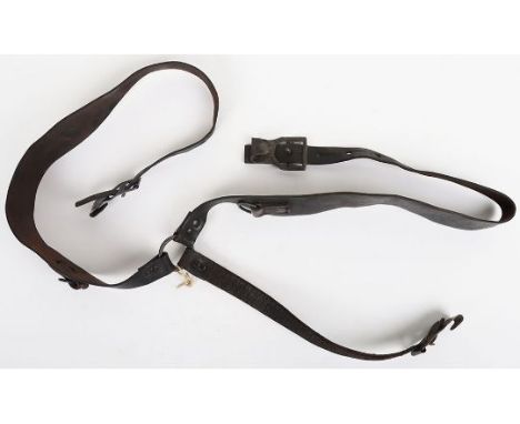 WW2 German Army Y straps: Black leather light weight type straps with metal buckles, stamped to strap C&M SUHL 1940, back str
