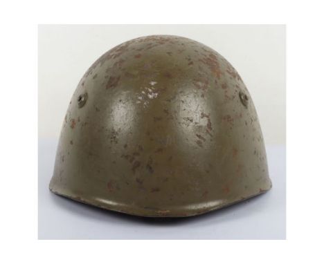WW2 Style Italian Steel Helmet: Green painted steel combat helmet with leather liner and canvas chinstrap. 