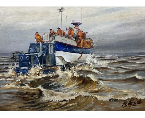 K P Butterworth (British Contemporary): 'Launch of the Bridlington Lifeboat', oil on canvas board signed, titled verso 43cm x