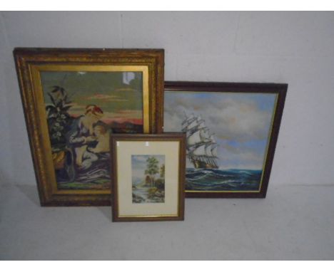 A gilt framed tapestry, watercolour with BJH monogram and a modern oil painting of a three masted ship at sea signed Ambrose