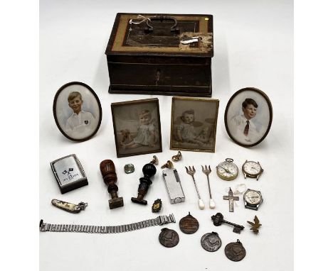 A collection of miscellaneous items including coins, portraits, watches, compass etc. in a metal cash box