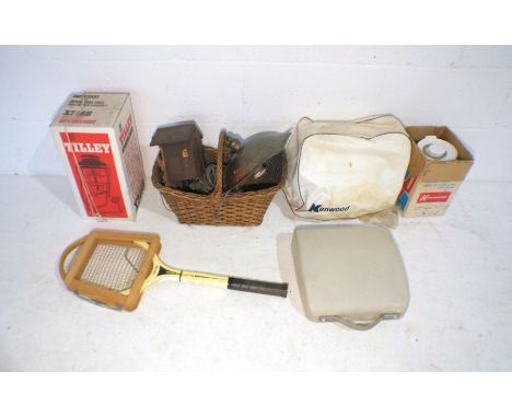 A mixed lot including a boxed Tilley lamp, vintage copper lamp, typewriter, Dunlop tennis racket etc.