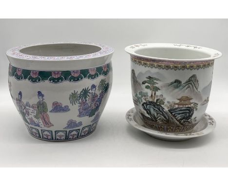 A Chinese famille verte planter with mark to base along with a Chinese fishbowl showing traditional scenes 