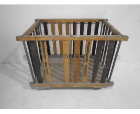 An industrial wooden slatted bobbin trolley (one slat missing) from Axminster Carpets - Length 106cm, depth 69cm, height 83cm