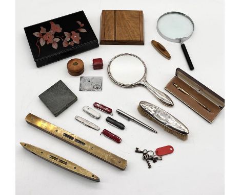 An assortment of various items including silver dressing table mirror and brush, Parker &amp; cross pens, vintage jewellery b