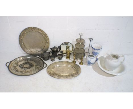 A mixed lot including Arts and Crafts metal trays, a silver plated tea set, ceramic jug and bowl, blue and white vase, pair o