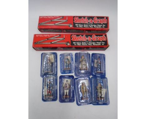 A collection of eight Del Prado figurines, along with two boxed Sketch-a-Graphs