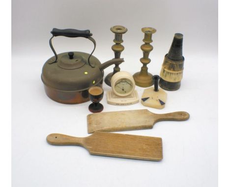 A copper tea pot along with a pair of brass candlesticks, thermometer etc.