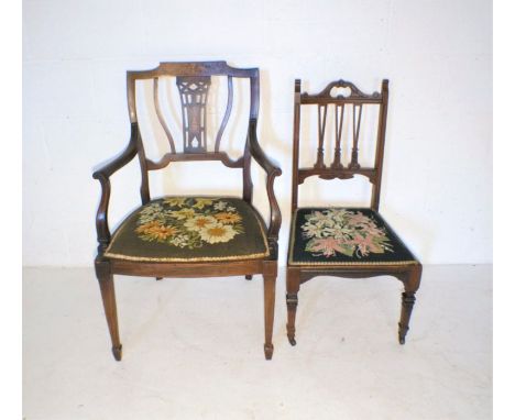 An Edwardian inlaid mahogany bedroom chair, with tapestry seat, along with one other.