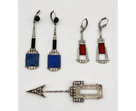 Two pairs of Art Deco earrings along with an SCM Art Deco pin in the form of an arrow- stamped "France"