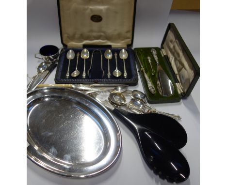 A CASED SET OF SILVER APOSTLE SPOONS, with a pair of sugar tongs, silver salt, mixed silver flatware, and plated wares (c.9.2