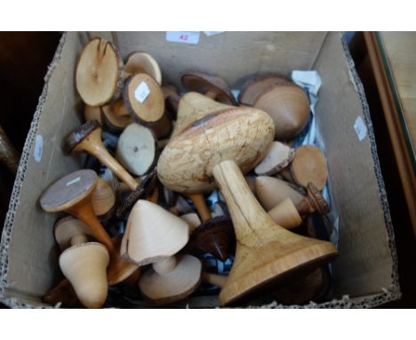 A COLLECTION OF TURNED WOODEN SPECIMEN MUSHROOMS and a collection of walking sticks, including a Harry Lauder style stick