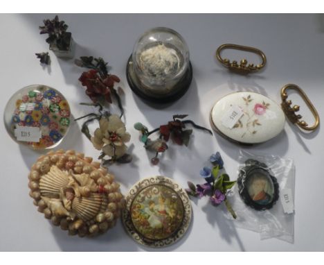 A 19TH CENTURY MINIATURE PORTRAIT, a compact and sundries