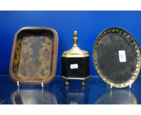 A SMALL REGENCY TOLE WARE TRAY, a similar papier mache tray and an iron and brass tea caddy