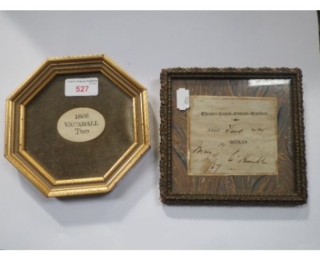 AN EARLY 19TH CENTURY IVORY TOKEN DISC, inscribed, '1808 Vauxhall Two' and a similar framed period Theatre Covent Garden tick