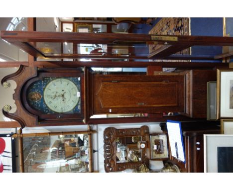 A 19TH CENTURY OAK AND MAHOGANY CROSSBANDED EIGHT DAY LONGCASE CLOCK, the painted dial with blue and gilt spandrels, the arch