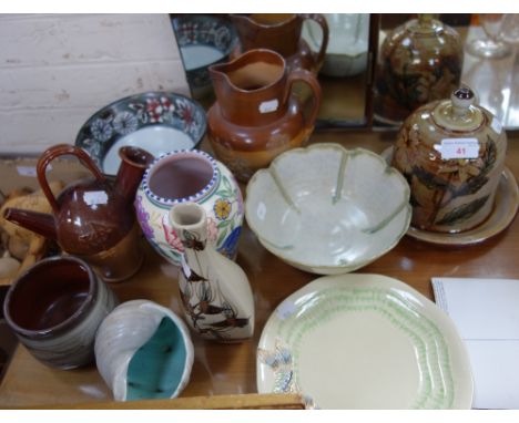 A CLARICE CLIFF FISH PLATE, a Chelsea pottery cheese dish, a Portland Pottery bowl and other items