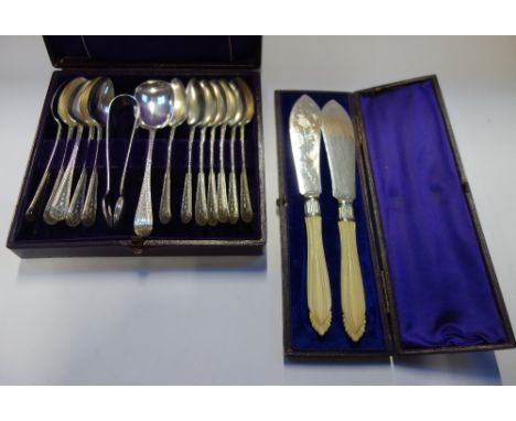A CASED SET OF SILVER PLATED FLATWARE, and a cased pair of ivorine handled fish knives (2)