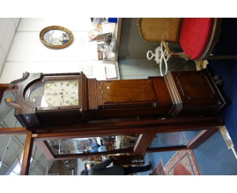 A 19TH CENTURY OAK AND MAHOGANY CROSSBANDED EIGHT DAY LONGCASE CLOCK, with painted dial 'E Radley, Birmingham' 218 cm high