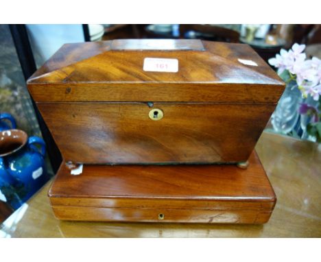 A REGENCY MAHOGANY SARCOPHAGUS SHAPED TEA CADDY and a mahogany cutlery box