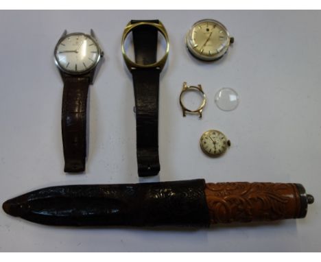 A VINTAGE HUNTING KNIFE, the blade stamped Gallus, with a carved wooden handle and a collection of wristwatches,&nbsp;to incl