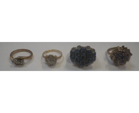 FOUR DRESS RINGS, to include a diamond cluster ring on an 18ct gold shank, ring size K