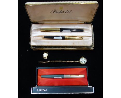 A COLLECTION OF VINTAGE PARKER PENS and two Vintage ladies wrist watches