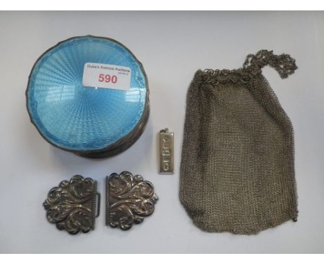 LARGE SILVER AND GUILLOCHE ENAMEL POWDER BOX, the hinged cover inset with a mirror, 10.5cm dia, a silver nurses belt-buckle, 