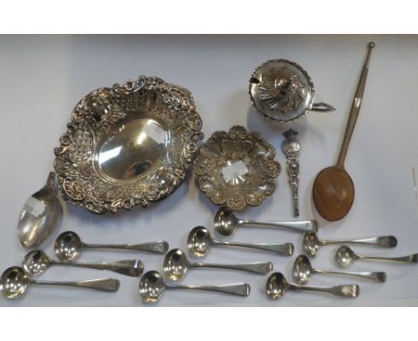 A MIXED LOT OF SILVER, comprising a late Victorian Scottish silver mustard pot, by Hamilton &amp; Inches, Edinburgh, 1900, tw