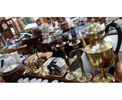 AN 18TH CENTURY BRASS FOOTED CANDLE SNUFFER STAND with snuffers, an aneroid barometer and other metalware