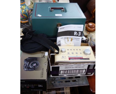 A VINTAGE STYLE RECORD PLAYER in black case, a green enamelled strong box, a camera and a radio