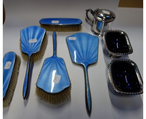 A GUILLOCHE ENAMEL AND PLATED DRESSING TABLE SET, together with a pair of plated salts and mustard pot