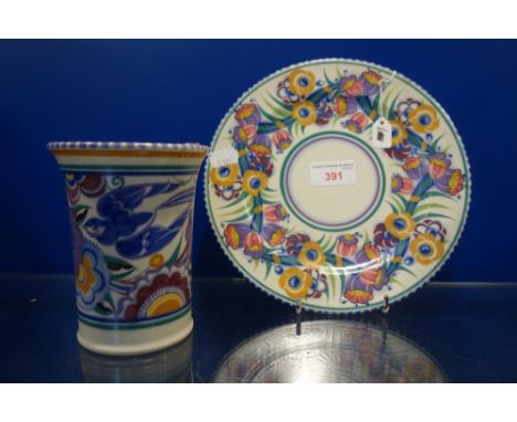 A POOLE POTTERY BLUEBIRD VASE, 13cm high and a similar plate (2)