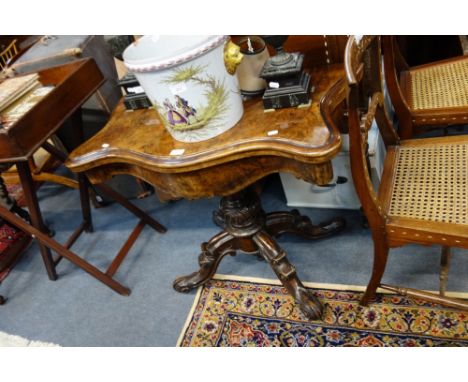 A VICTORIAN FIGURED WALNUT CARD TABLE, 92cm wide