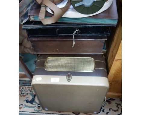 A VINTAGE BUSH RECORD PLAYER, a tin Japanned box with inscription "Dean of the Order of the Bath for the time being", two gas