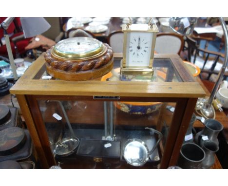 A SET OF CASED LABORATORY SCALES by Griffin &amp; George Ltd, an oak cased aneroid barometer and a carriage clock