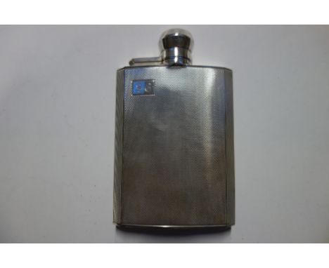 AN ART DECO ENGINE TURNED HIP FLASK, by F Burton Crosbee, Birmingham, 1934, engraved with initials, 11cm high (c.3.9oz)