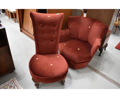 Two deep red dralon chairs, including nice Art Deco style low seat armchair and button back nursing chair